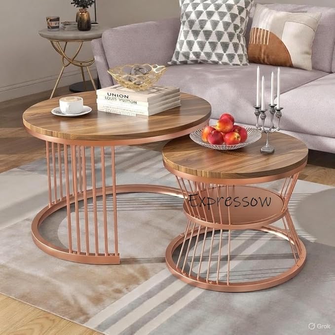 Modern Luxury Round Nesting Coffee Table Set, 2-Piece with Marble Finish Top, Metal Frame, 20 Inch, for Living Room and Office (Rosegold Antique)