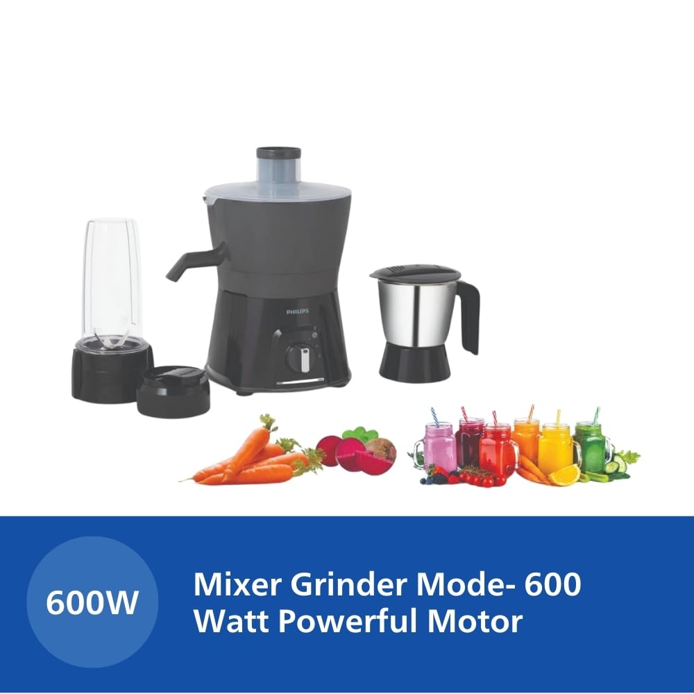 Philips HL7579/00 600 Watt Turbo Juicer Mixer Grinder with 3 Jars -Blend and Carry, Nutri Juicer Jar, Multi Purpose jar