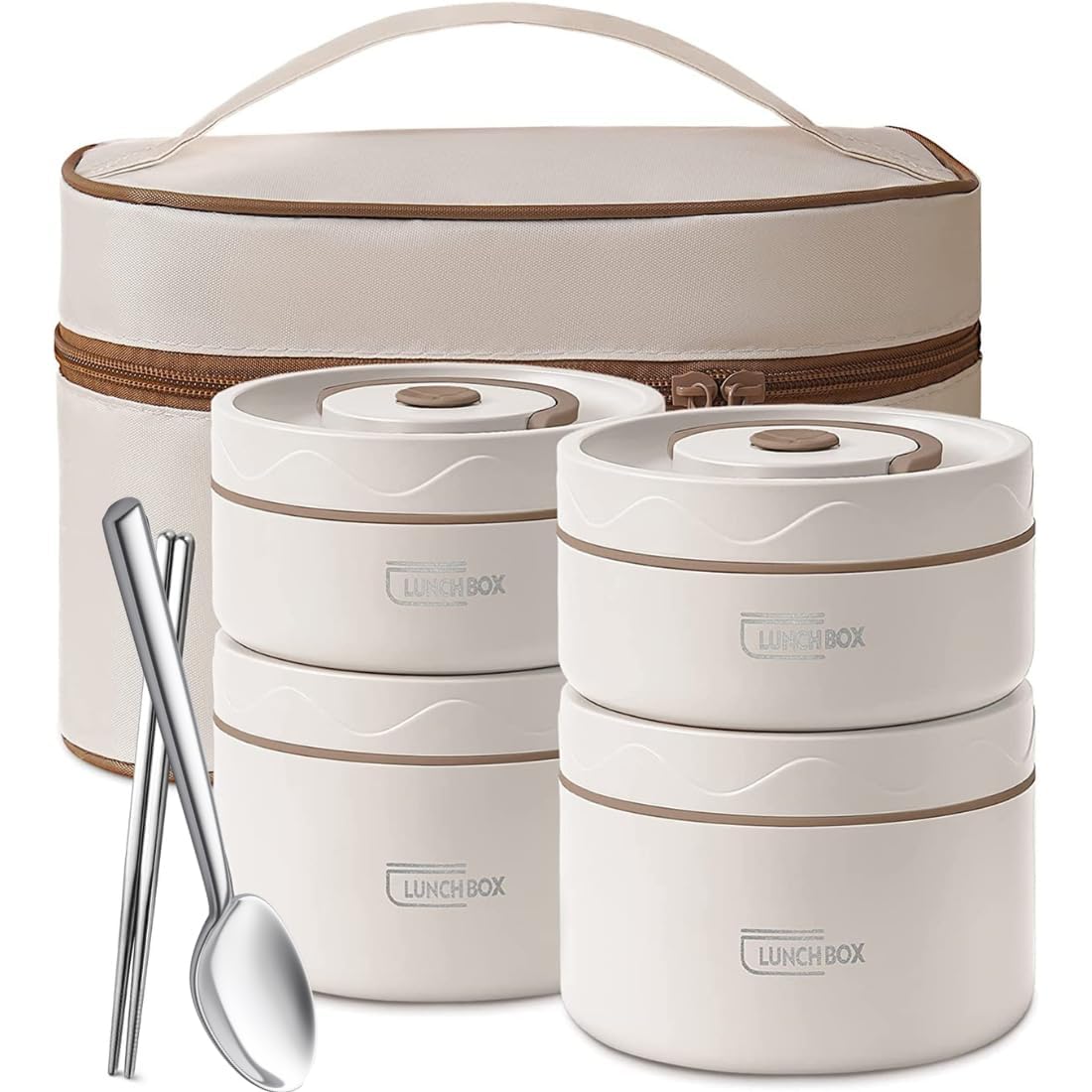 Bento Lunch Box Set?18/8 Stainless Steel 4PCS Thermal Insulated Food Container with Insulated Lunch Bag & Cutlery Set (D - Lunch Box, Cream White), 1.4 Litre