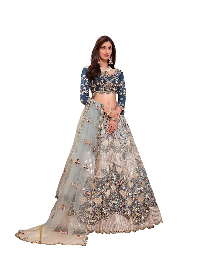 Designer Lehenga Choli with Net Dupatta, Blue and Grey Embroidered, Traditional dress for women and girls