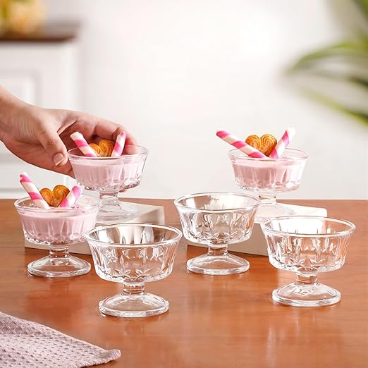 Nestasia Transparent Glass Bowl Set of 6 for Ice Cream (120ml Each) - Star Engraved Dessert Bowls for Sundae, Sweets & Pudding | Food Safe & Heat Resistant - Perfect for Gifting