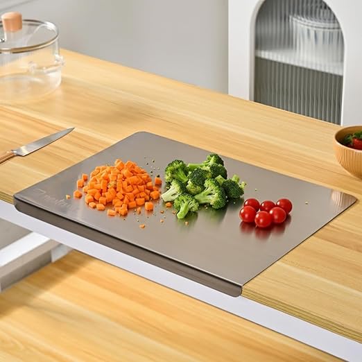 Nestasia Stainless Steel Counter Top Chopping Board (41.5cm x 29cm) | Anti-Slip Rustproof Cutting Board with Measurement Markings for Chopping Fruits & Vegetables