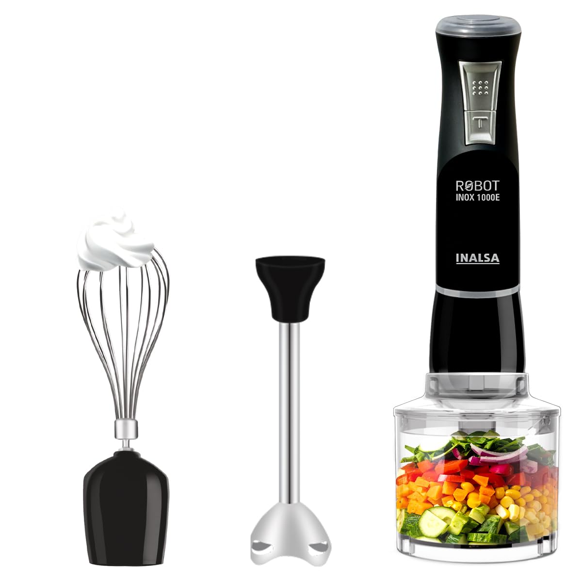 INALSA Hand Blender 1000 Watts with Chopper, Whisker| Variable Speed & Turbo Speed Function|100% Copper Motor|0.6Liter|Low Noise |Anti-Splash Technology|Home&kitchen|2 Year Warranty (Robot Inox 1000E