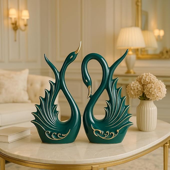 Xtore Modern Elite Swan Pair Ceramic Art Figurine | Beautiful Home Decor- 2 Piece, Dark Green, Medium