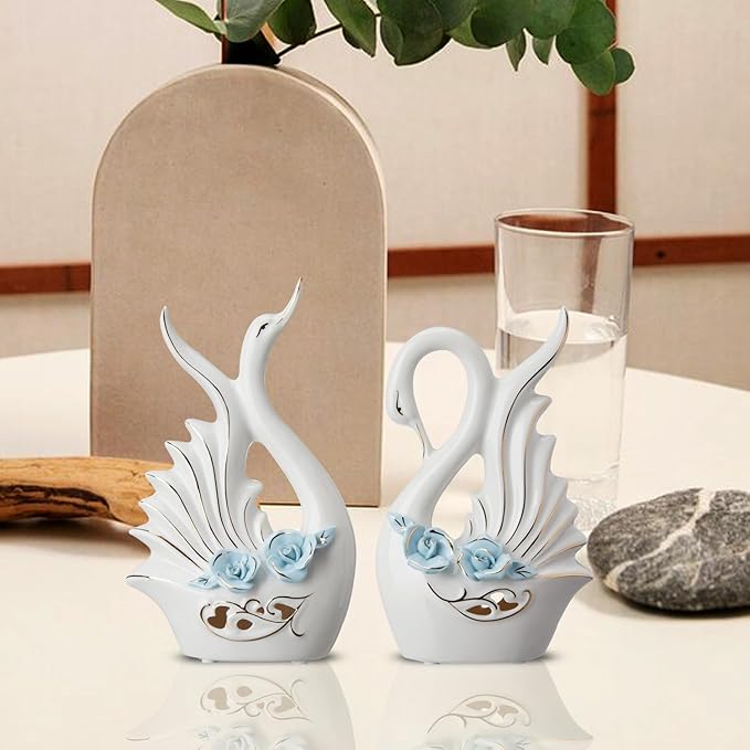 Amazon Basics Modern Elite Swan Pair Ceramic Art Figure | Beautiful Home Decor (Set of 2, White)