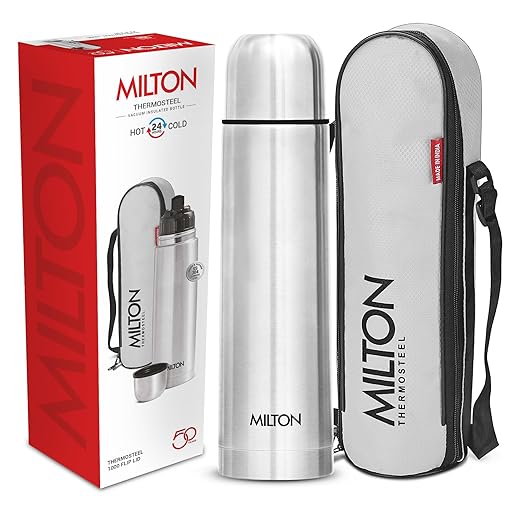 Milton Flip Lid 1000 Thermosteel Water Bottle 1 LTR, 24 Hr Hot and Cold I Leak Proof Lid, ISI Certified I Vacuum Insulated I for Office, Gym, School I Silver