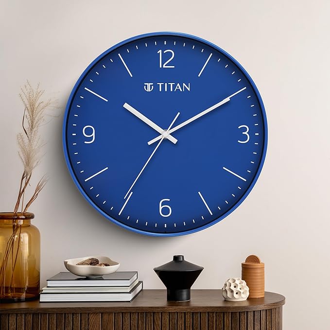 Titan Essence Classic Wall Clock – 30cm, Blue Case & Blue Dial, Silent Sweep Movement, Non-Ticking, Modern Wall Clock for Home & Office – W0094PA03