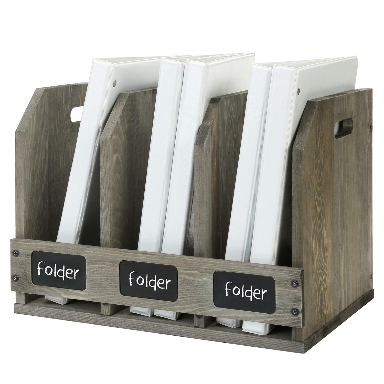 MyGift 3 Compartment Vintage Gray Solid Wood Office File Holder Folder Document Magazine Organizer w/Chalkboard Labels