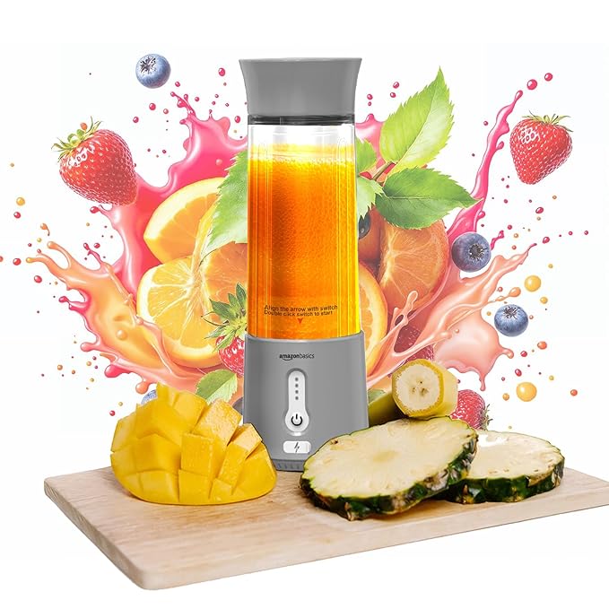 Amazon Basics Portable Hand Blender for Smoothies and Juices | USB Rechargeable | 6 Stainless Steel Blades | 500 ml Food Grade Jar | 1 year Warranty | 2x2000 mAh Batteries (Grey)