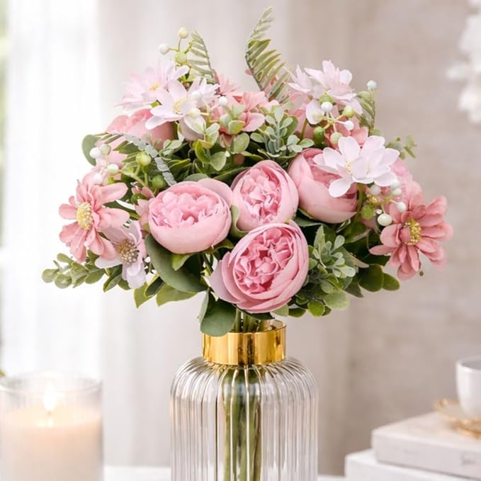 SATYAM KRAFT 1 Pcs Artificial Peony Rose Flower Bouquet Bunch for Home Decor, Office, Bedroom, Balcony, Table Display, Wedding Decoration (Without Vase Pot) (1, Pink)