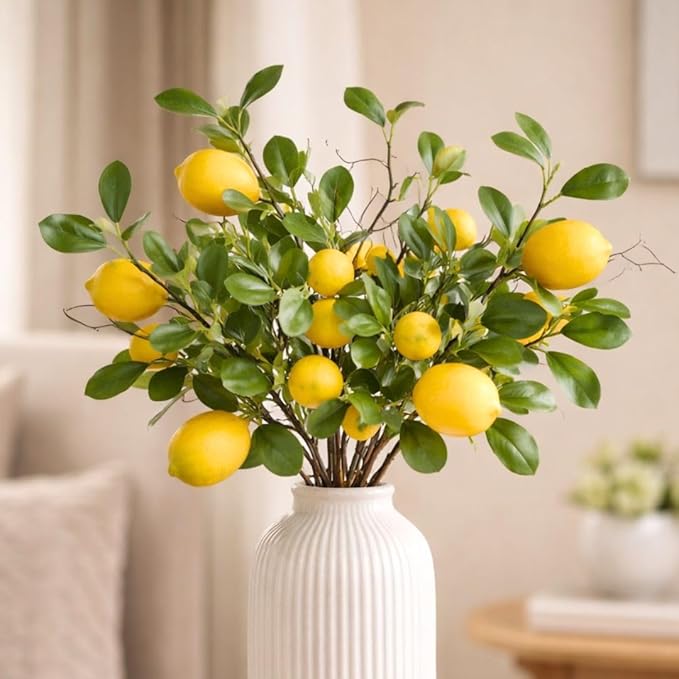 SATYAM KRAFT 3 Pcs Artificial Flower Lemon Sticks | Flowers for Vases Decoration, Home Decor, Living Room, Table Decoration, Office, Bedroom, Without Pot | Decorative Stems (Lemon) (Without Pot)