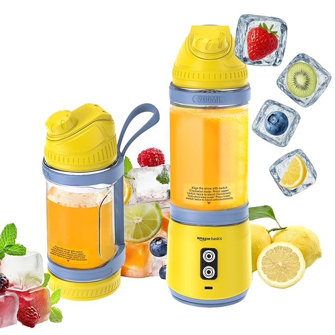 Amazon Basics Portable Blender for Juices, Smoothies and Shakes | 700 ml Convertible Jar | Dual Mode | LED Lights | Waterproof | 3x1600 mAh Batteries | 1 year Warranty