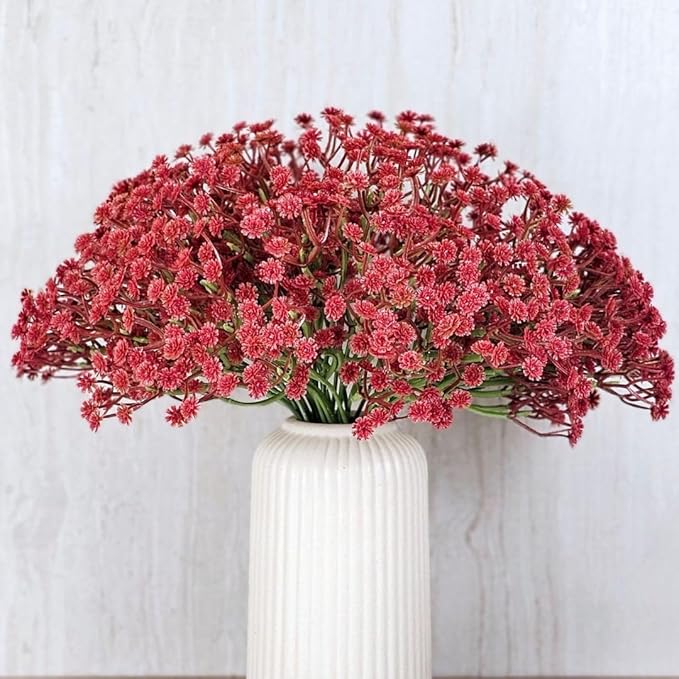 SATYAM KRAFT 20 Pcs Artificial Baby’s Breath Flowers (Gypsophila) Bouquet for Gifting, Home Decor, Bedroom, Table Centerpiece, DIY Craft, Wedding Decoration (28.5 cm, Without Vase) (Red)