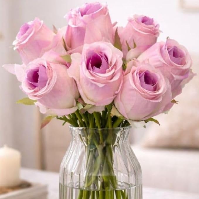 SATYAM KRAFT 1 Bunch Artificial Rose Flower Fabric Bouquet for Home Decor, Bedroom, Balcony, Wedding, Engagement, Vase Decoration Items (7 Head in 1 Bunch) (Red) (Without Vase Pot, Pink)