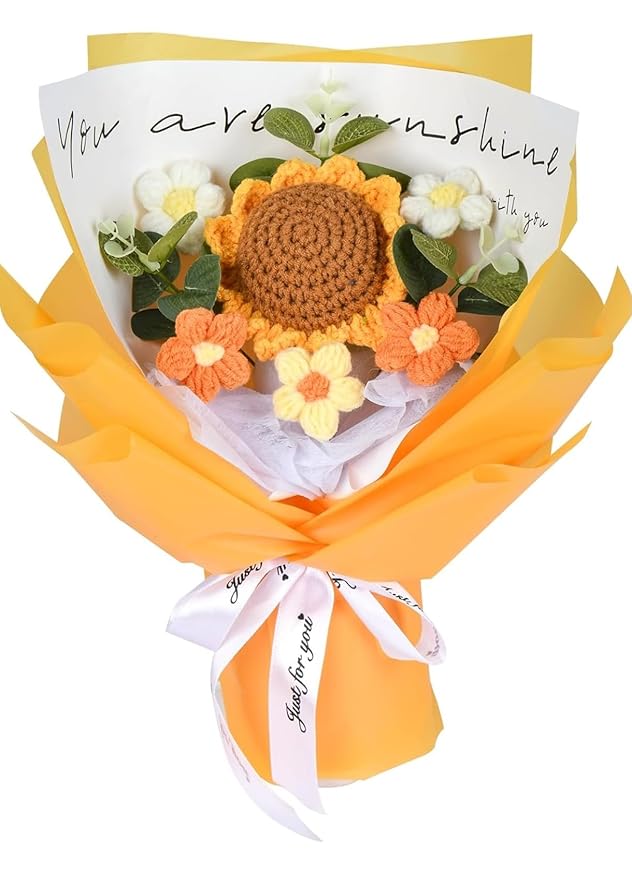 VRB Dec 1pcs Artificial Crochet Flower Bouquet/Artificial Flowers Bunch/Crochet flowers bouquet/Crochet flowers/Flowers Bouquet Gift for Girls Home Decor,gifting,etc. (Sunflower Daisy Bouquet)