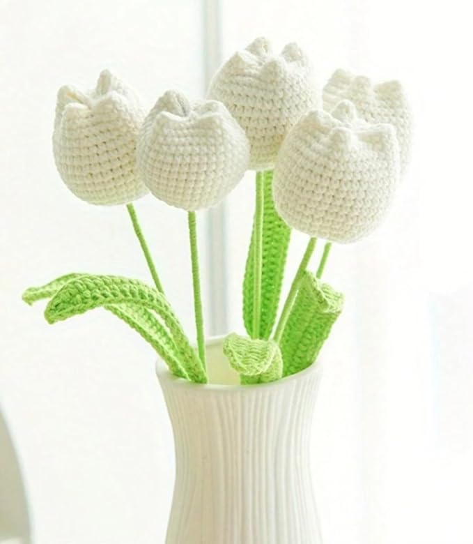 VRB Dec 2 Pcs Crochet Tulip Decor,Crochet Flowers,Gift,Knitted Fake Crochet with Stem,Handmade Bouquet for Decor. (White Tulip Flower Stick - 2 Pcs)