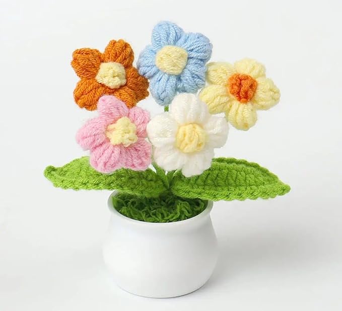 VRB DecTM 1 Pcs Crochet Flowers Artificial Sunflower for Office Desk Car Dashboard Decor,Home Decoration, Office, Bedroom (Mix Color Crochet Daisy with Plastic Pot - 1 Pcs)