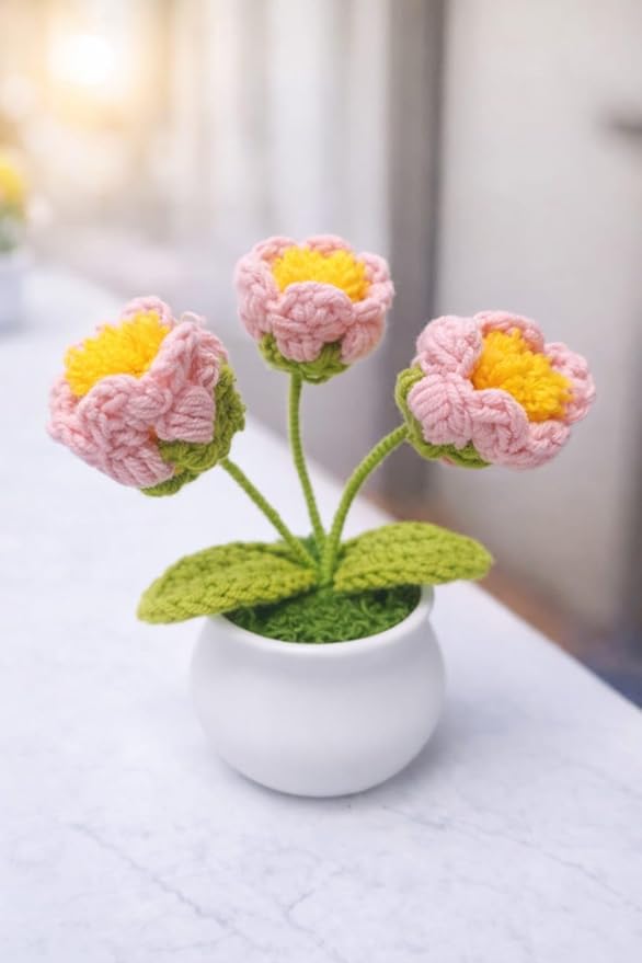 VRB DecTM 1 Pcs Crochet Flowers Artificial Daisy for Office Desk Car Dashboard Decor,Home Decoration, Office, Bedroom, Christmas Decor, Wedding,Diwali (Single Pink Daisy with Pot)