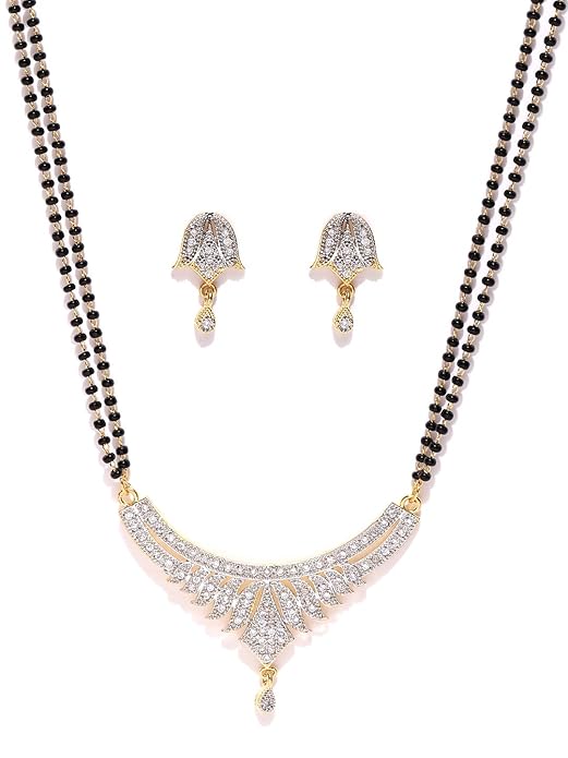 YouBella American Diamond Gold Plated Mangalsutra Pendant with Chain and Earrings for Women