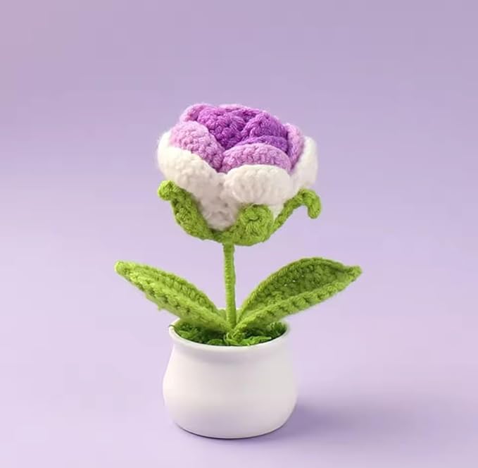 VRB DecTM 1 Pcs Crochet Flowers Artificial Rose for Office Desk Car Dashboard Decor,Table Decor,Home Decoration, Office, Bedroom, Christmas Decor, Wedding (Big Shaded Purple Rose with Pot)