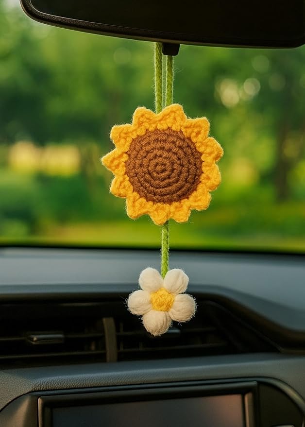 VRB Dec Car Hanging Sunflower Crochet - 1 Pcs, 4pcs Flower, 5.9x2inch, Plastic, Hanging Ornament, Craft, Crochet, Car Dashboard Decoration, Car Mirror Hanging Accessories