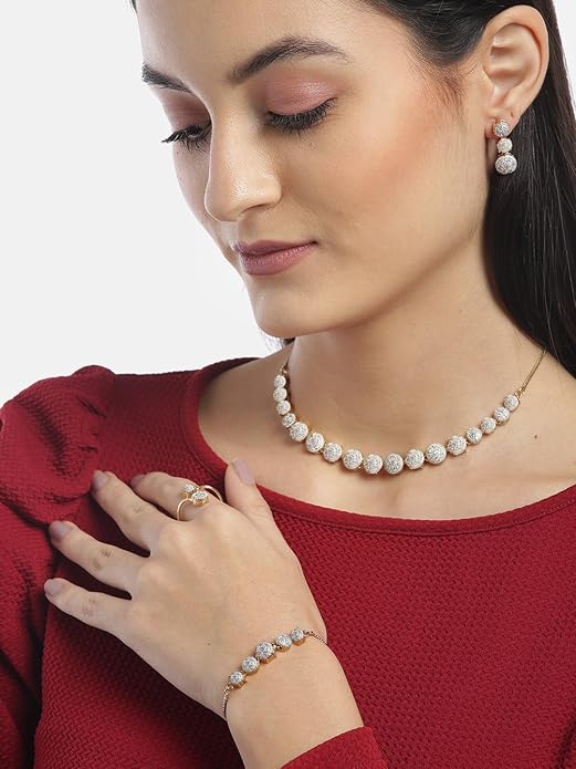 YouBella Jewellery Set for Women American Diamond Combo of Choker Necklace Set with Earrings, Bracelet and Ring for Girls and Women