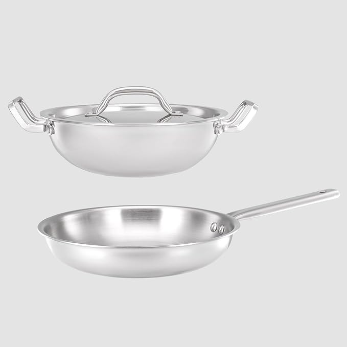 Amazon Basics Triply Stainless Steel 3 Pc Cookware Set | 24 cm Kadai with Lid & 22 cm Frypan Without Lid| Fast & Even Heating | Induction & Gas Compatible | Silver | 2.4 kg