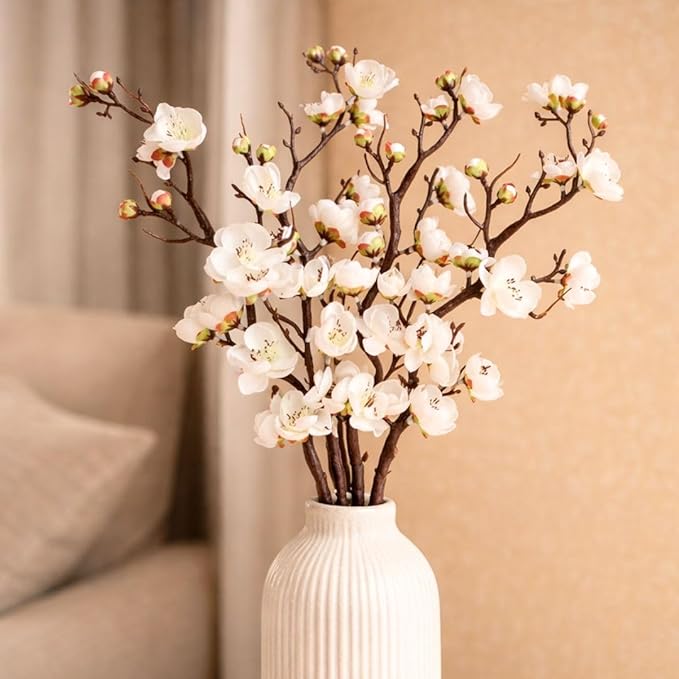 SATYAM KRAFT 3 Sticks Artificial Cherry Blossom Flower Bouquet Sticks for Home Decoration Setup for Home Decor, Bedroom, Living Room, Table, Office, Pooja, Wedding Decor (Without Vase, Fabric)