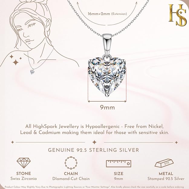 HighSpark 925 Silver Solitaire Heart Pendant with Chain For Women | 92.5 Sterling Silver & Diamond like Brilliance Sparkling Zirconia for that Stunning Shine | Lovely Gift