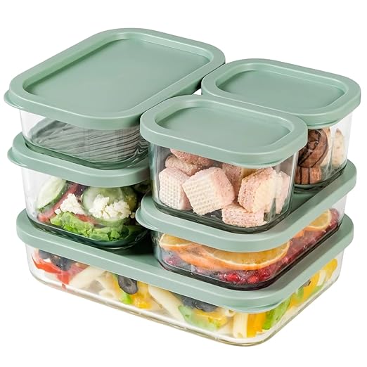 Nestasia Groovo Glass Containers for Fridge Storage Set of 6 (S-310ml x 2, M-520ml x 2, L-750ml, XL-1200ml) Transparent Stackable Glass Container with Lid, Microwave & Dishwasher Safe (Green)