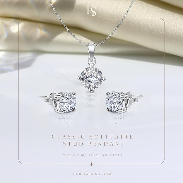 HighSpark 925 Silver Solitaire Earrings Pendant Necklace Set | 92.5 Sterling Silver & Diamond like Brilliance Sparkling Zirconia | Lovely Gift for Women & Girls