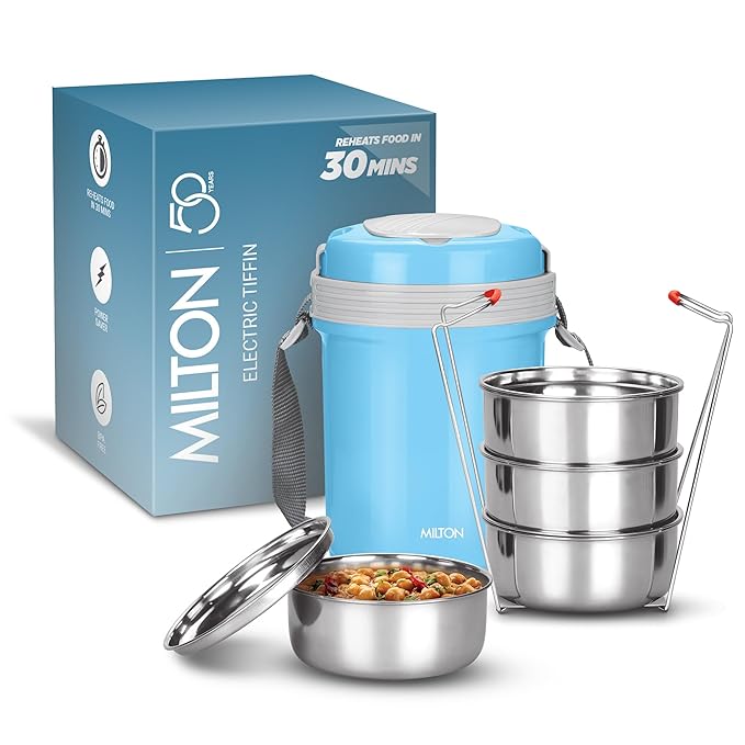 MILTON Electron Portable Electric Lunch Box I 3x360 ml Stainless Steel Leak Proof Containers I Auto Shut Off I Cool Touch Shock Proof Body I Perfect for Office, Hostel, Travel I Blue