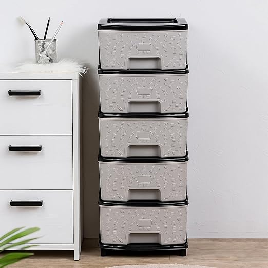 Amazon Basics Plastic 5 Rack Multipurpose Modular Drawer Storage Rack | Kitchen & Home Essentials Organizer Storage Box Cabinet | Almira Set for Stationary Cosmetic |Black & Grey 36D x 30W x 77H cms