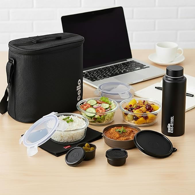 CELLO MF Glassy Pro Lunch Box with Jacket For Office, Black | 3 x 400ml Glass Containers, 1 x 225ml, 2 x 50ml Mini Containers & Bottle 700ml, Microwave Safe Airtight Leakproof Tiffin Box For Daily Use