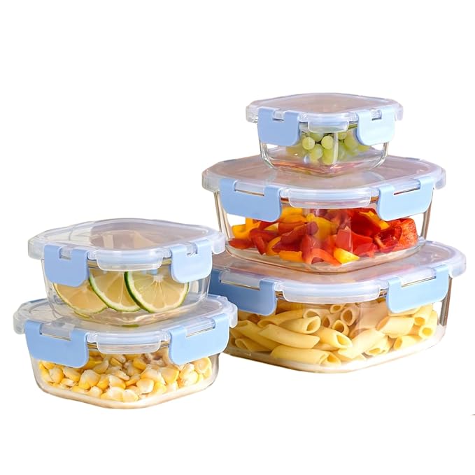 Nestasia Nestro Transparent Glass Containers with Lid Set of 5 (160ml, 300ml, 500ml, 800ml, 1200ml) | Square Glass Containers with Break Free Lock | Microwave, Dishwasher & Freezer Safe (Blue)