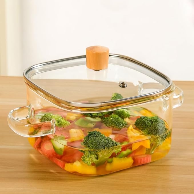 Nestasia Borosilicate Glass Cooking Pot with Glass Lid (2200 ml) - Square Casserole with Air Vent Lid on Gas Stove | Microwave & Dishwasher Safe Durable Handi for Kitchen