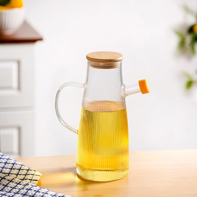 Nestasia Glass Oil Dispenser for Kitchen (1000 ml) - Vinegar & Olive Oil Bottle with Wooden Lid - Food Safe Borosilicate Glass Fluted Oil Container with Handle & Pour Spout