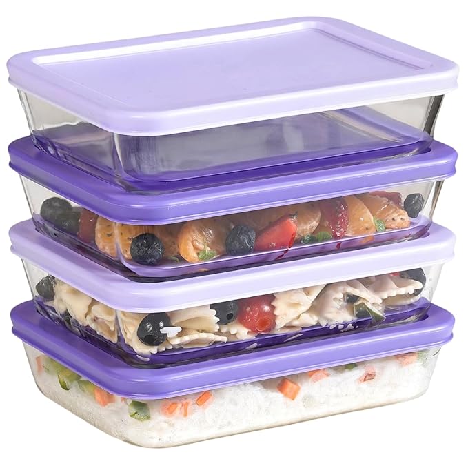 Nestasia Glass Containers for Fridge Storage Set of 4 (700ml) - Borosilicate Transparent Airtight Containers with Tight Locks, Microwave, Dishwasher and Refrigerator Safe, Purple