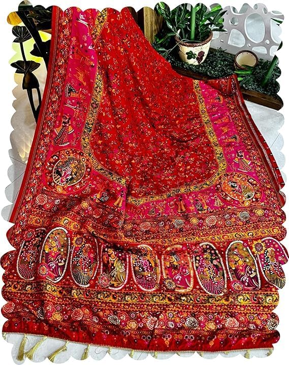 Harshiv enterprise Pure Original kanchipuram Kanjivaram Zari weaving silk with zalar red hadwa print Blouse piece for Wedding