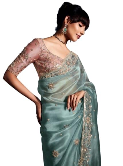 Flosive Women's Havy Organza Silk Saree With Unstitched Blouse Piece - Party & Wedding Were
