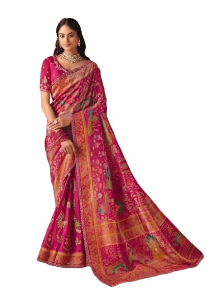 Banarasi Silk Saree with Embroidered Blouse, Pink, Traditional Weaving