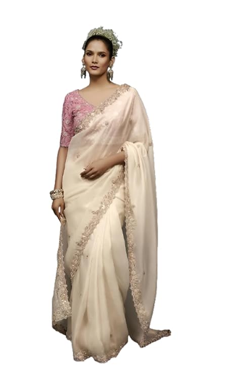 Off-White Organza Saree with Floral Embroidered Border and Pink Embellished Blouse, Bridal Wear