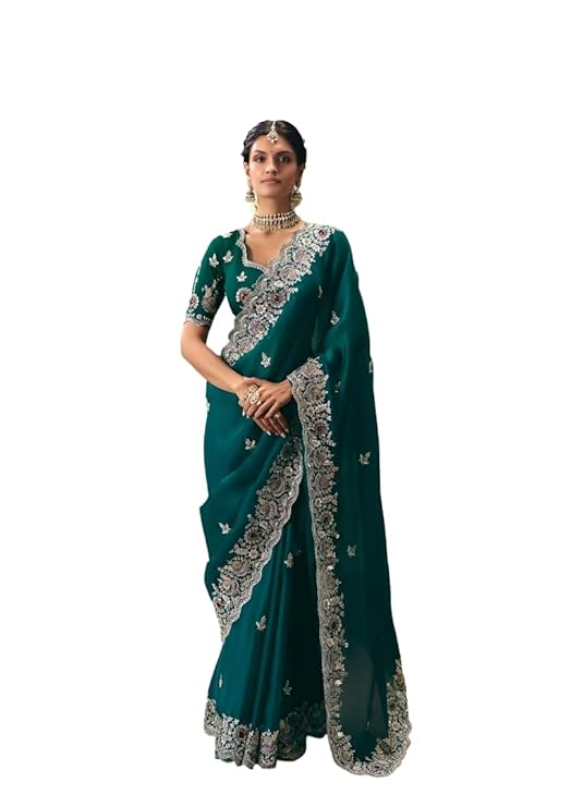 Teal Green Embroidered Saree with Blouse, Silver Zari Work Border