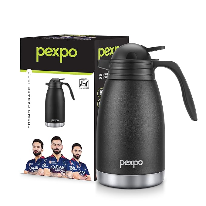 Pexpo Cosmo ISI Certified Stainless Steel Carafe - 1500 ml | Hot & Cold Triple Wall Vacuum Insulated Flask for Tea & Coffee | Home, Office, Kitchen, Restaurants - Knight Black