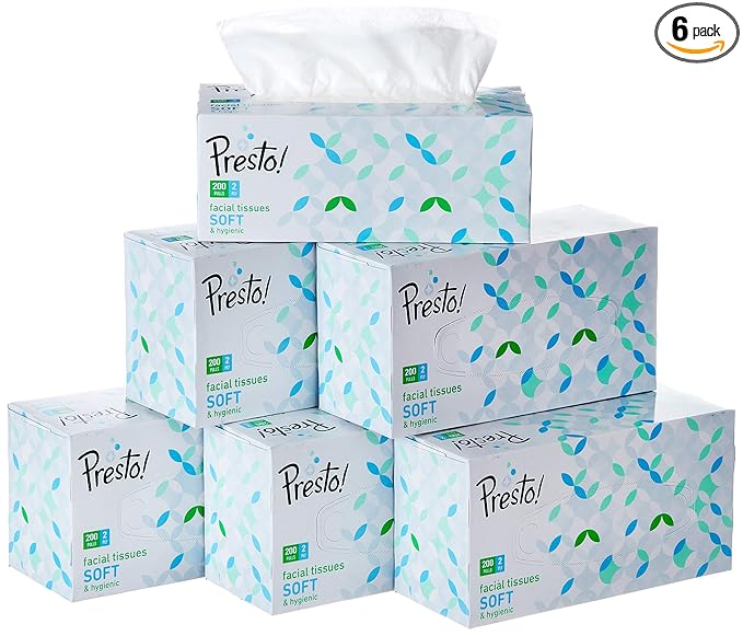 Amazon Brand - Presto! 2 Ply Facial Tissue Box | 1200 Pulls | 200 Pulls X 6 Cartons | Soft And Highly Absorbent | 100% Natural Virgin Cellulose Fiber