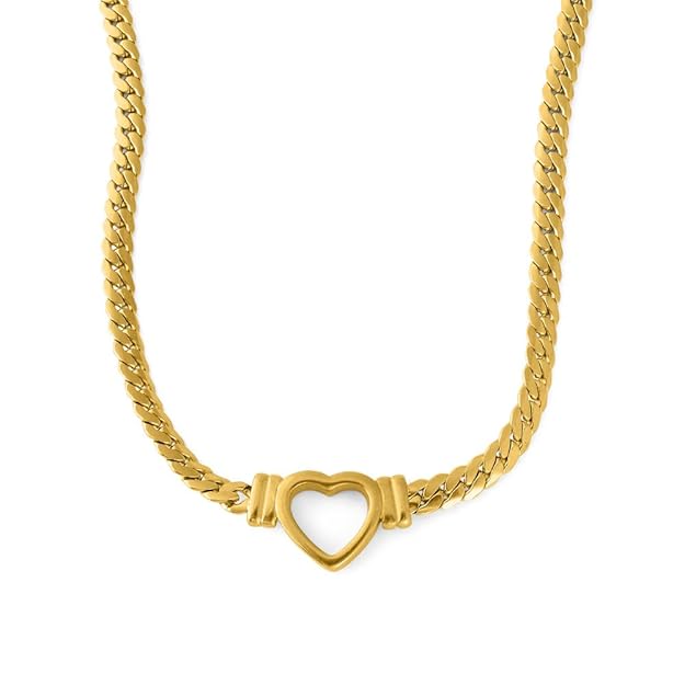 PALMONAS Cuban Chain Hollow Heart Necklace for Women - 18K Gold Plated Necklace, Women's Jewellery | Gift for Girls & Women
