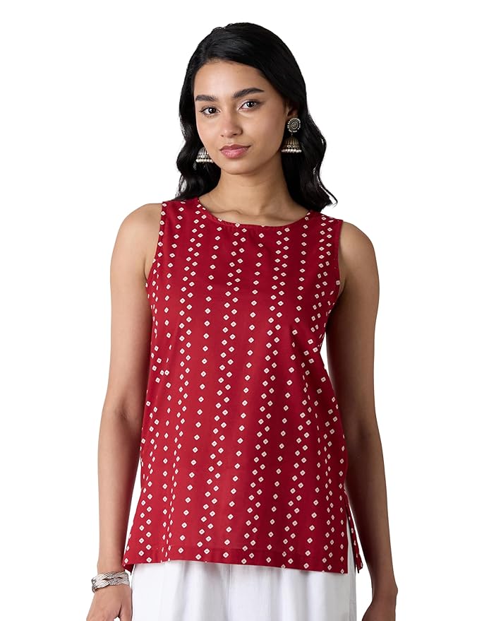 Amazon Brand - Myx Women's Cotton Printed Sleeveless Short Kurti (Available in Plus Sizes)