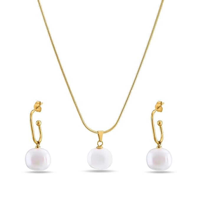 PALMONAS Classic Pearl Pendant Necklace & Earring Jewellery Set for Womens