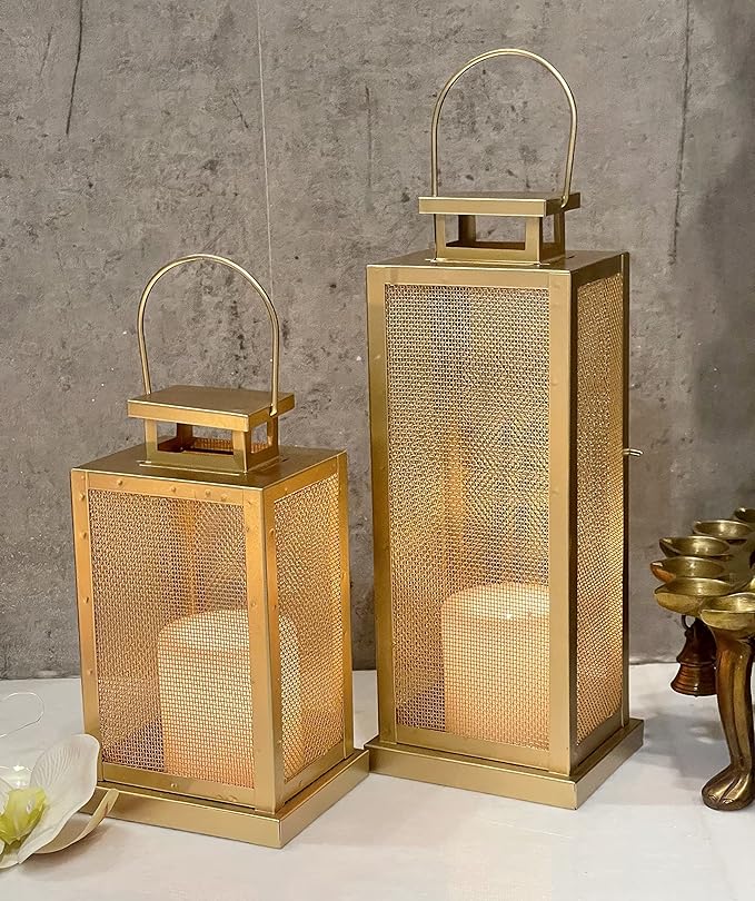 Urban Born Set of 2 Iron Lantern and Candle Tealight Holder for Home Decor Items | Candles for Home Decoration | Candle Holders for Home Decor | 2 Free led Lights (Pack of 2) (Gold)