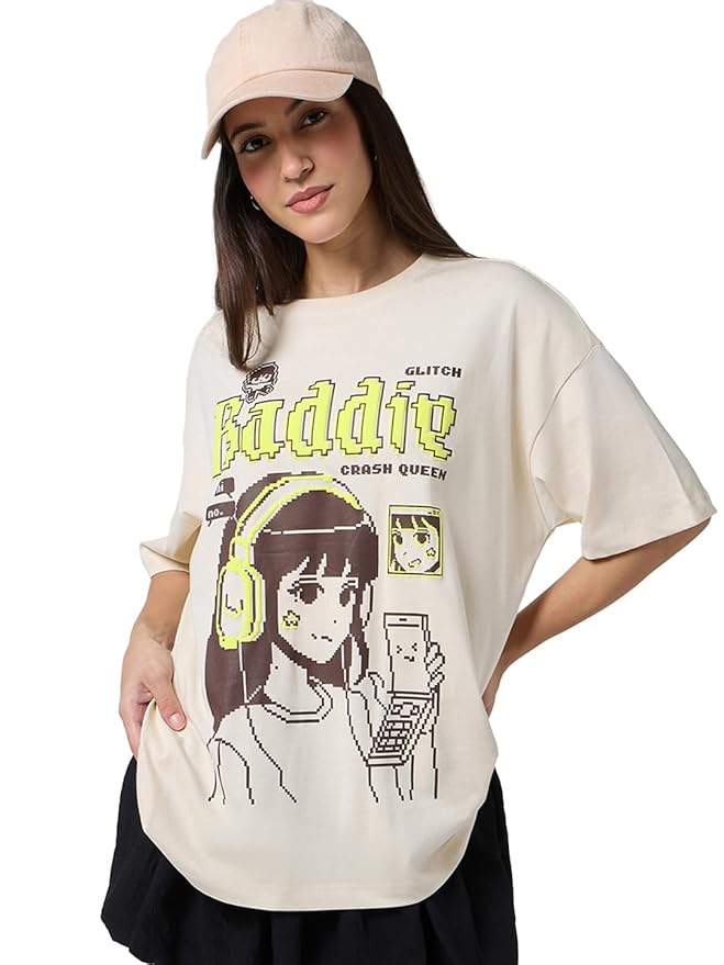 Bewakoof Women's Typography Oversized Fit Half Sleeve Round Neck Pure Cotton T-Shirt